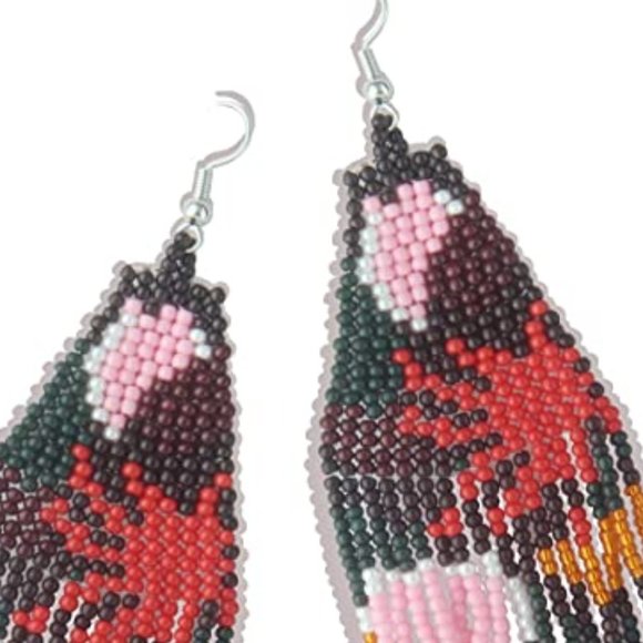 Long 5.5" Black Pink Multicolor Abstract Floral Earrings Beaded Flower Oversized - Picture 4 of 5